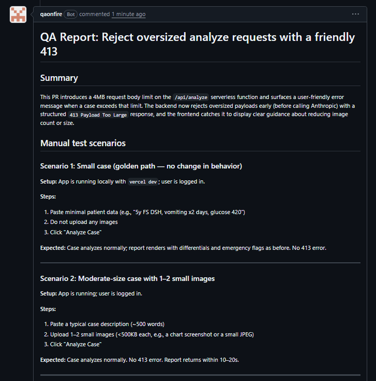 QAOnFire posts a detailed QA report as a comment on a pull request